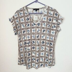 Vintage Rose Short Sleeve Top Women’s XL White Ocean Sea Beach V-Neck Shirt